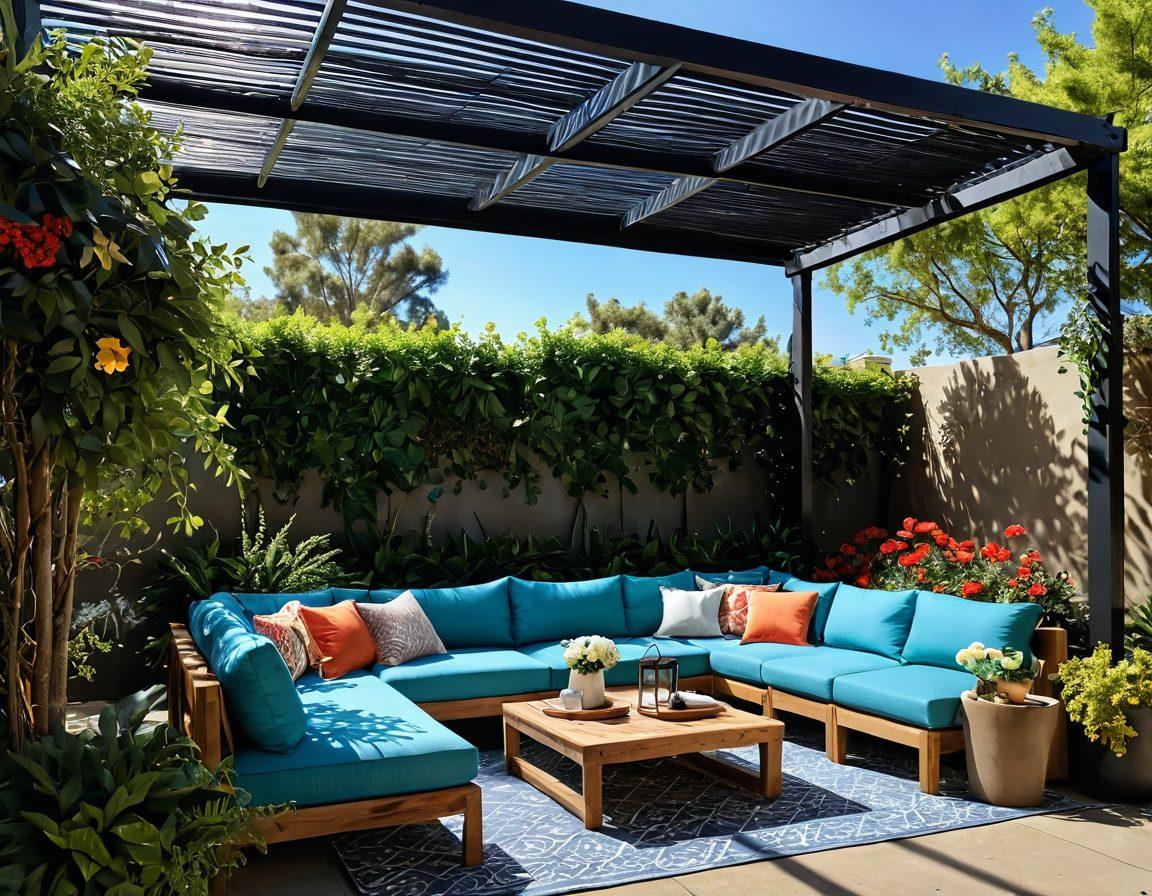 A beautifully landscaped outdoor space featuring various shade solutions, such as elegant awnings, canopies, and pergolas, adorned with lush greenery and colorful flowers. Include a cozy seating area with stylish outdoor furniture and dappled sunlight filtering through the structures, evoking a sense of tranquility. Create a warm and inviting atmosphere, showcasing different types of shades in a vibrant and harmonious layout. super-realistic. vibrant colors. bright blue sky.