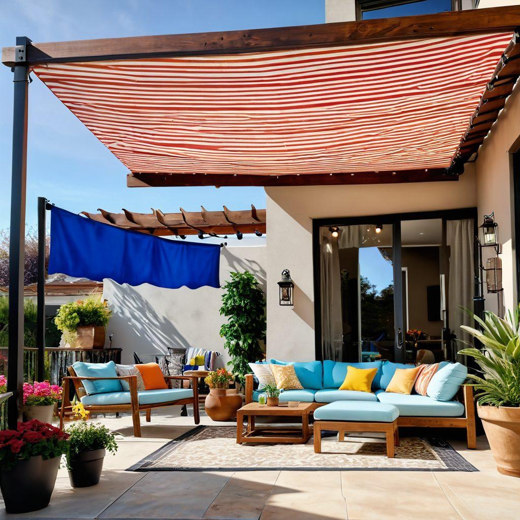 A beautifully designed patio showcasing various creative awning styles, including a modern retractable awning, a rustic wooden pergola, and a colorful fabric canopy. The patio is adorned with vibrant potted plants, cozy furniture, and ambient lighting to create an inviting atmosphere. A sun-drenched setting with clear blue skies enhances the appeal. super-realistic. vibrant colors. 3D.