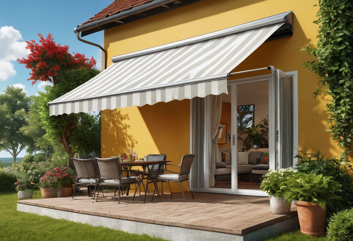 An outdoor scene showcasing a detailed step-by-step awning installation process, with clear visual instructions, diverse tools, and vibrant awnings in various colors. Include a person actively installing an awning, with a sunny sky and lush greenery in the background, highlighting the ease of maintenance. super-realistic. vibrant colors. bright background.
